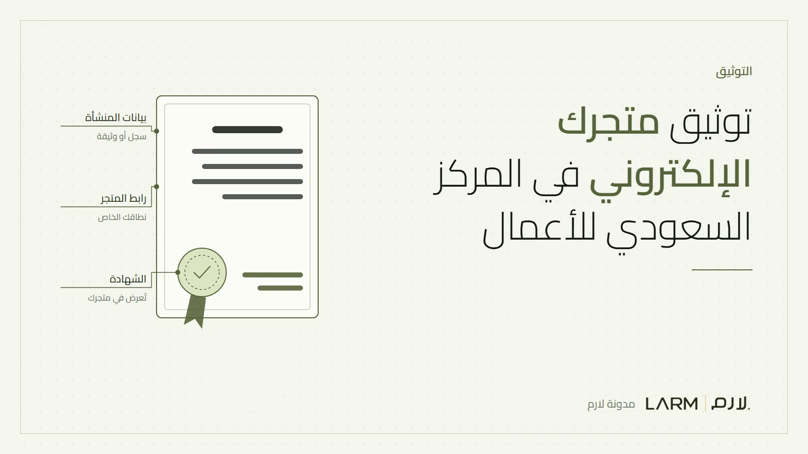 رسم لشهادة توثيق متجر إلكتروني مع تعليقات على اسم المتجر ورقم السجل والرابط وتاريخ الانتهاء
