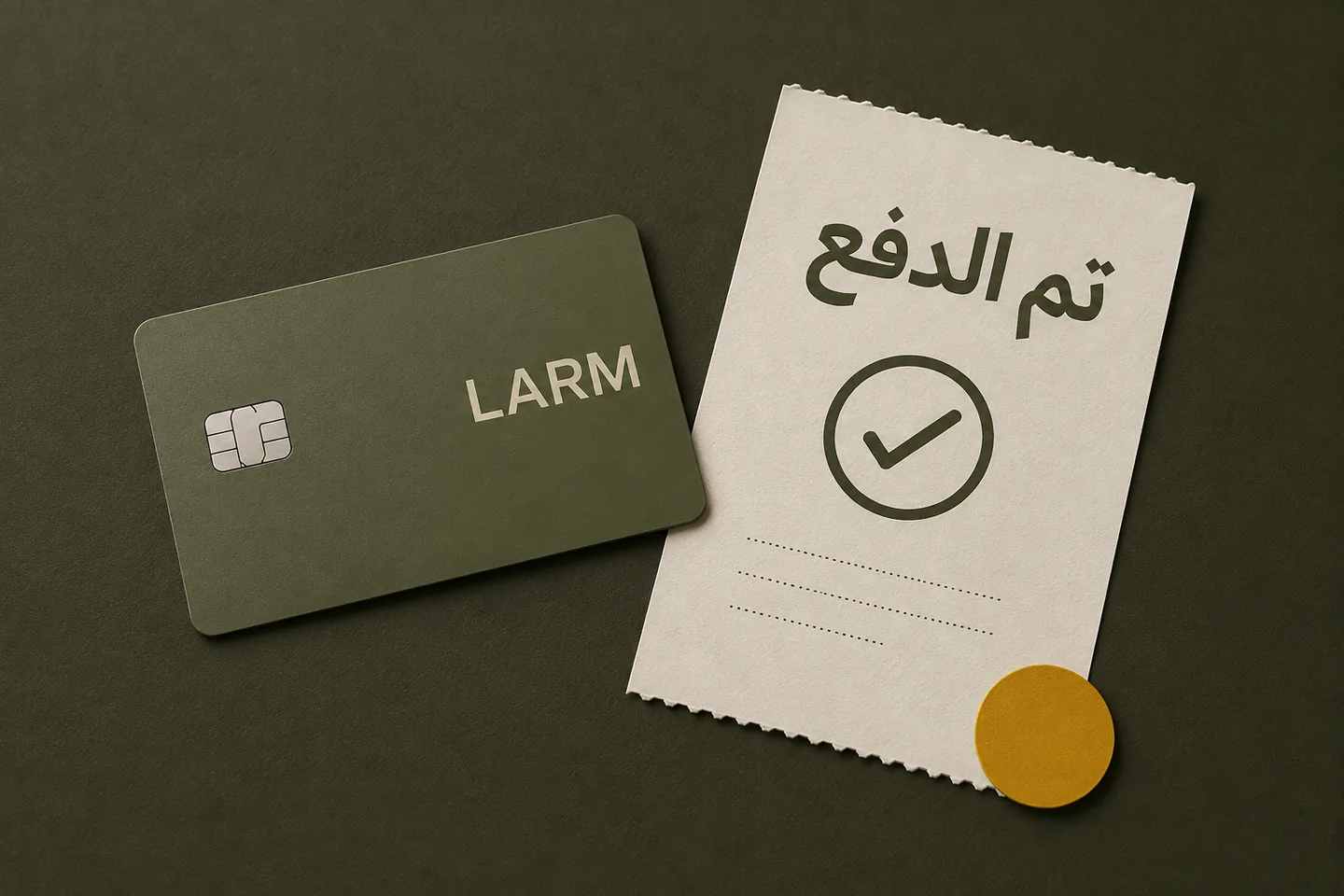مشهد توضيحي للدفع الإلكتروني في لارم: إيصال تم الدفع وبطاقة تصوّرية دون بيانات عملاء